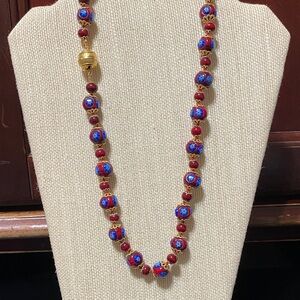 Vintage Red and Blue Artisan Beaded Necklace